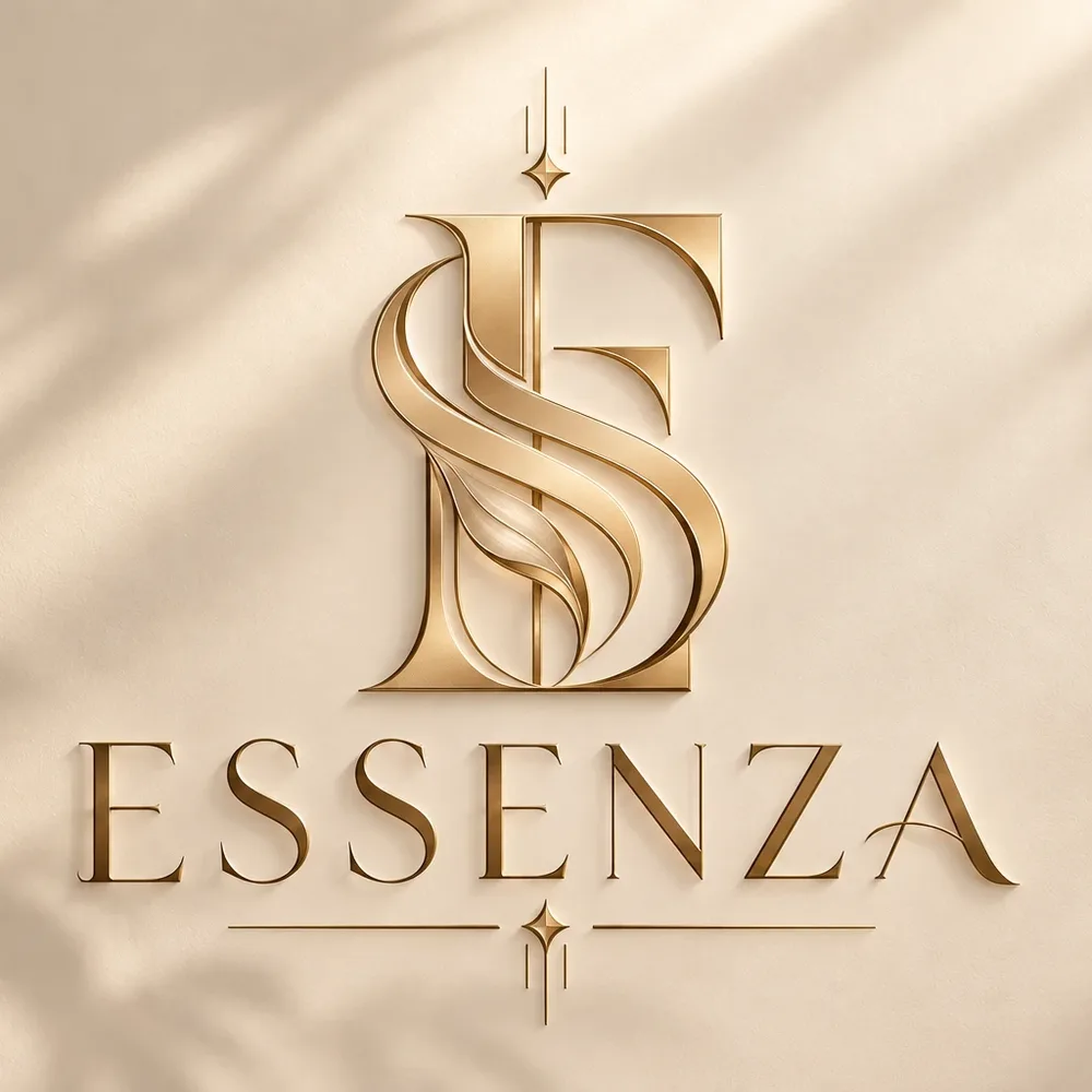 Logotipo de Essenza en relieve dorado sobre un muro claro